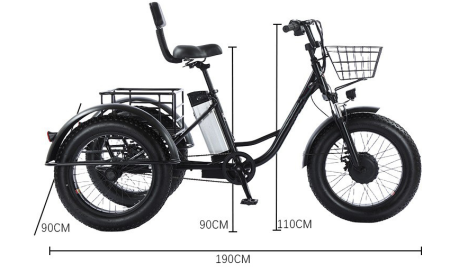 More practical fat tire electric tricycle - 600Wh, 50km range, top speed 20km/h, 20"-Black color